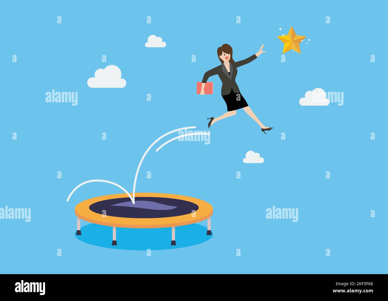 Business woman bounce on trampoline jump flying high to grab star. Business concept. Vector illustration Stock Vector