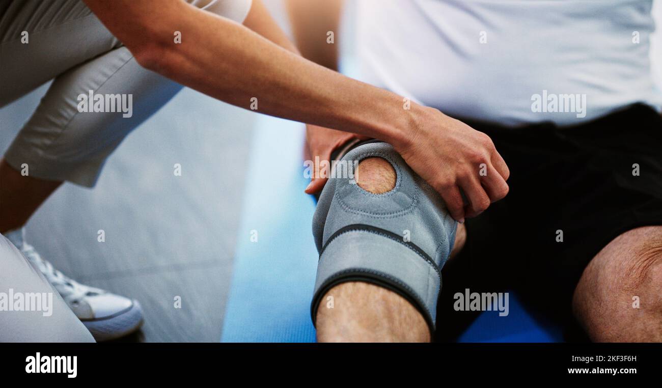 Physiotherapist hands, knee brace and man with injury, pain and torn