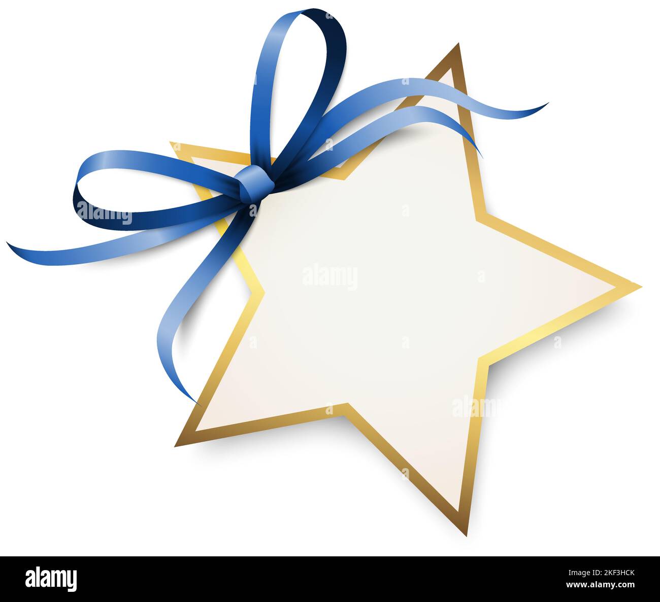 EPS 10 vector illustration of blue colored ribbon bow and gift band with shape of a golden star pendant for christmas greetings isolated on white back Stock Vector