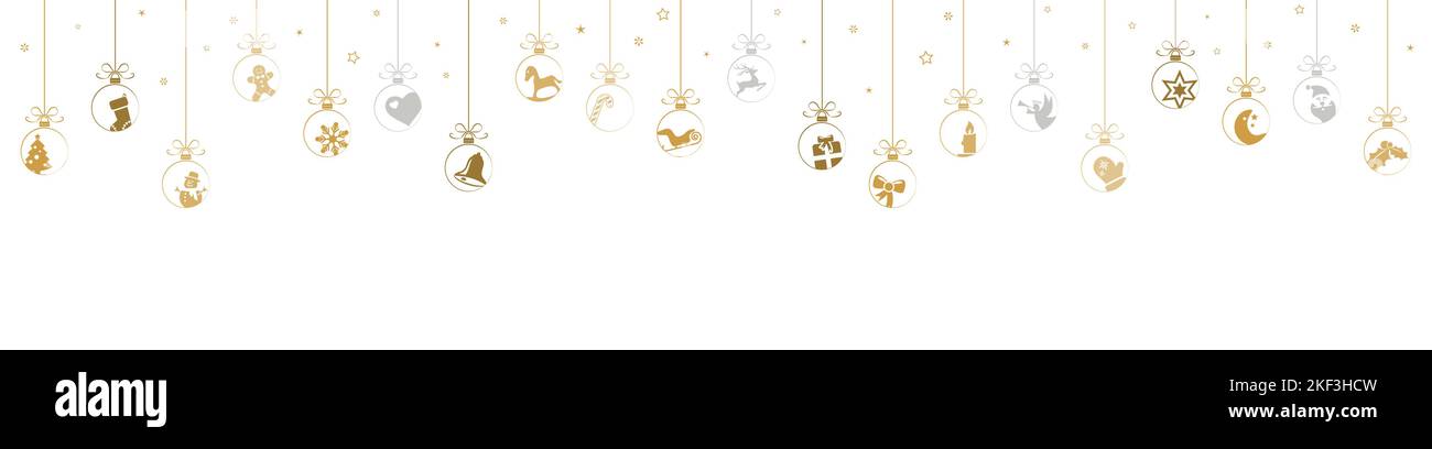hanging baubles colored gold with different abstract icons for christmas and winter time concepts and greetings for christmas and New Year Stock Vector