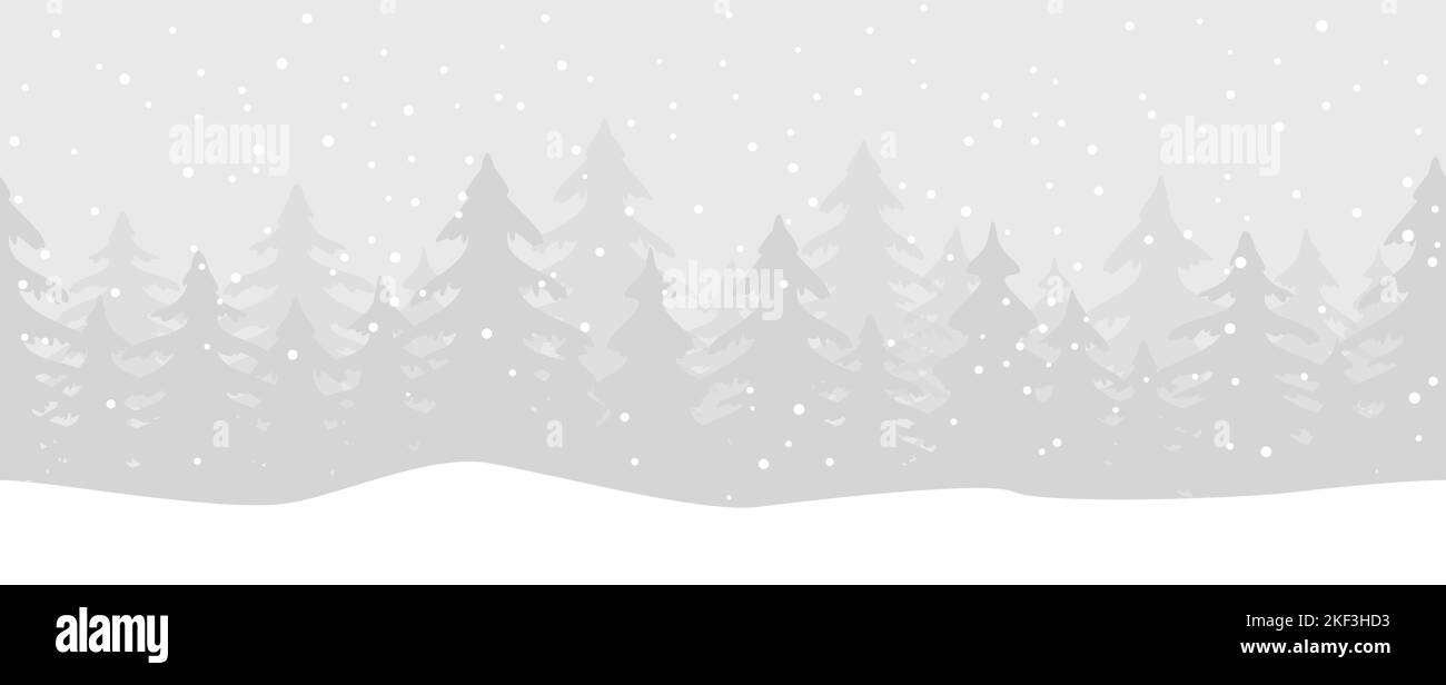 EPS 10 vector illustration showing christmas time nature landscape background with fields of snow, firs, falling snow and gray colored background Stock Vector