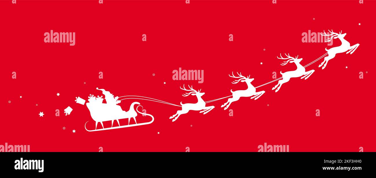 eps vector illustration with silhouette of white Santa Claus with sled and reindeer and some gifts flying in the sky isolated on colored background Stock Vector