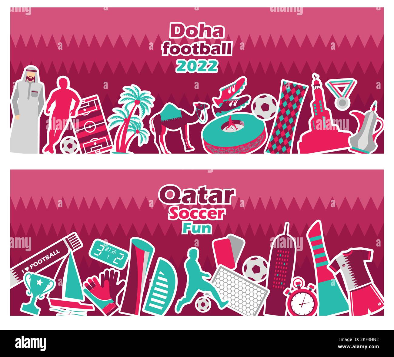 Football sports competition, Qatar tourist icon set on banners. Doha background in color national flag. National day. Middle eastern football. Stock Vector