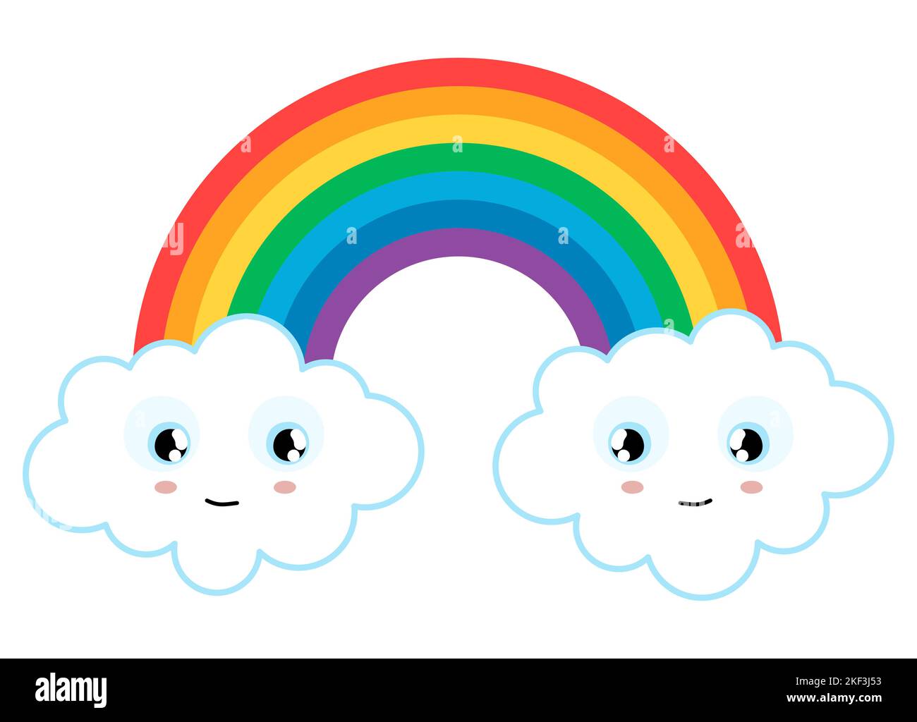 eps vector illustration with wonderful colored rainbow with white clouds with nice smiling faces at the ends Stock Vector