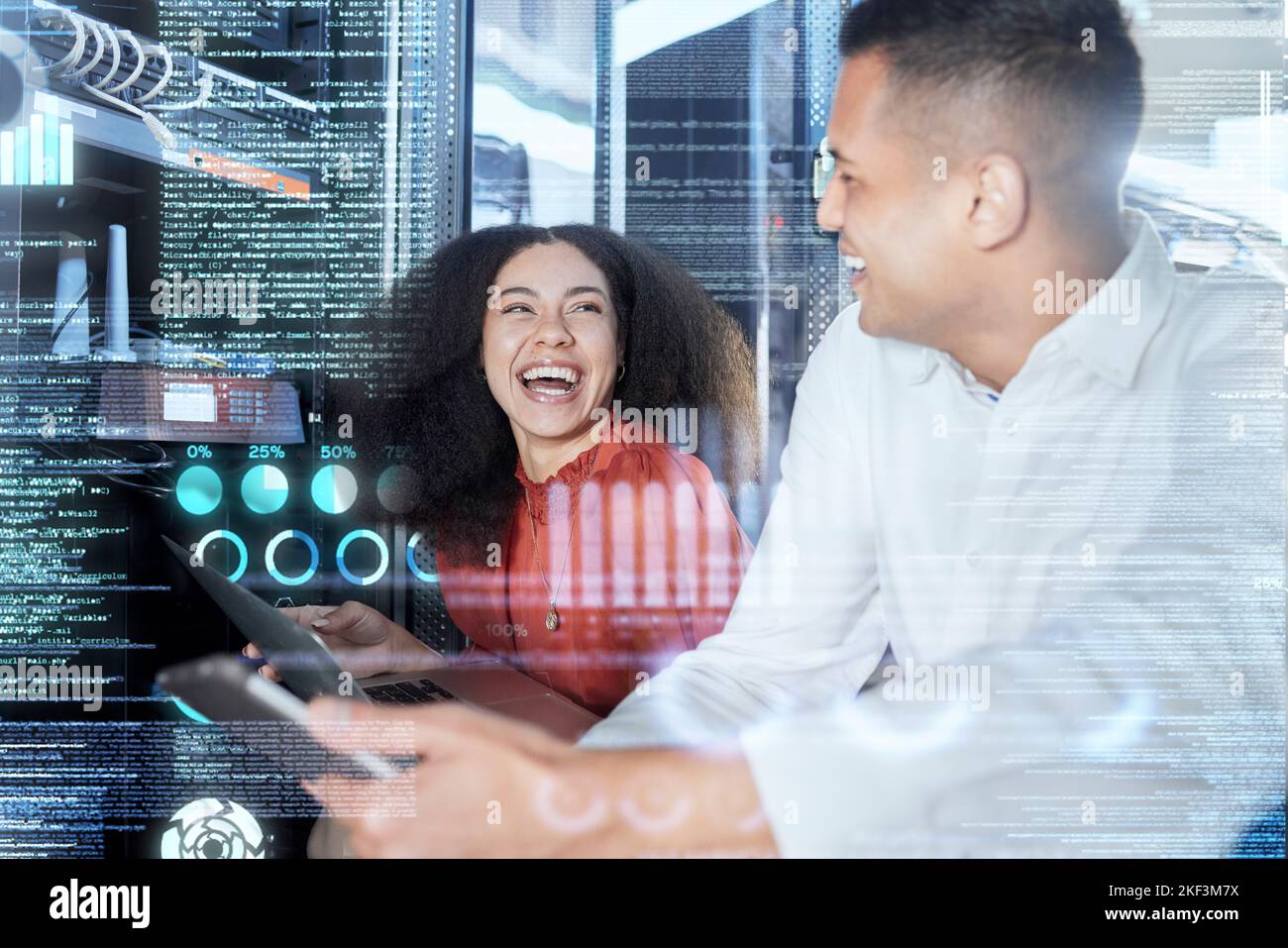 Server, team and tech for hologram repair with a man and woman in a networking server room. Cloud, programmer and cloud computing of engineers using Stock Photo