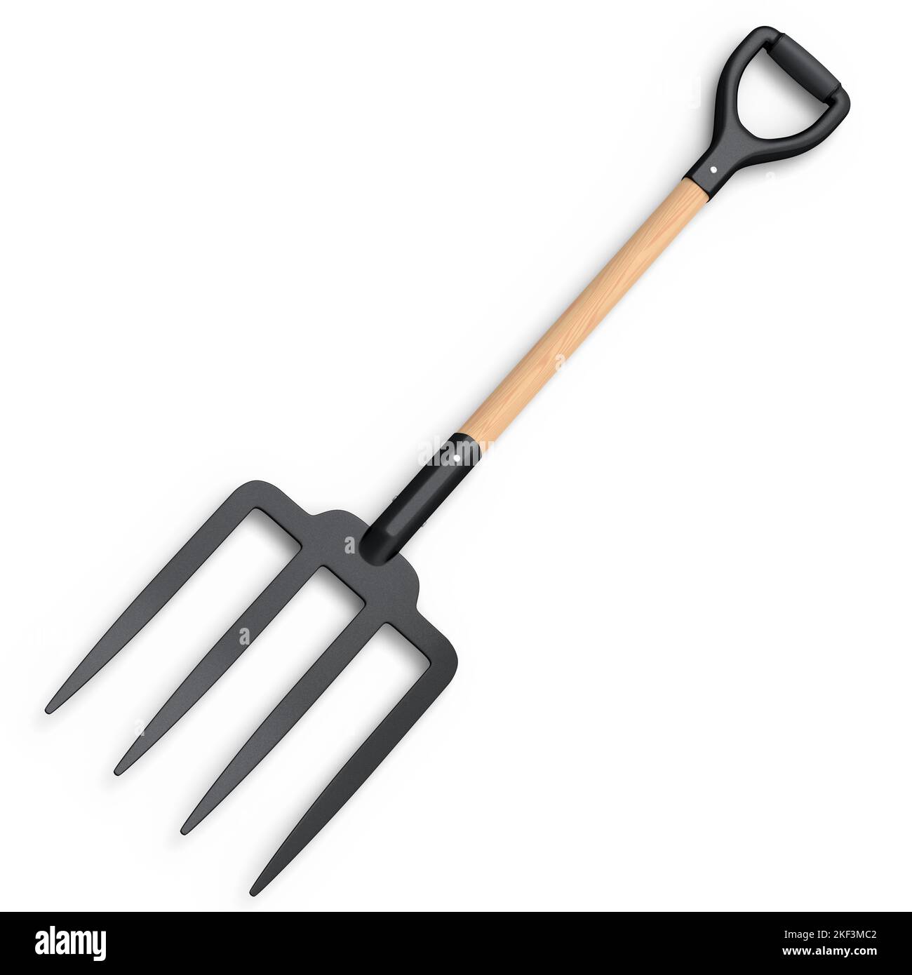 Garden pitchfork with wooden handle for harvesting hay isolated on