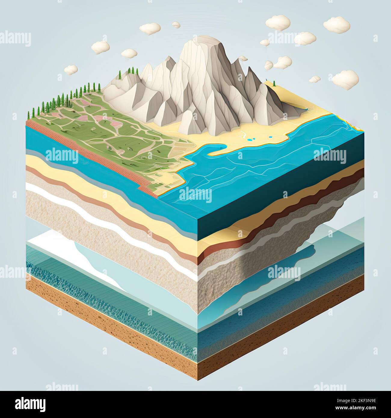 An isolated cutaway of the Earth's geological levels with mountains