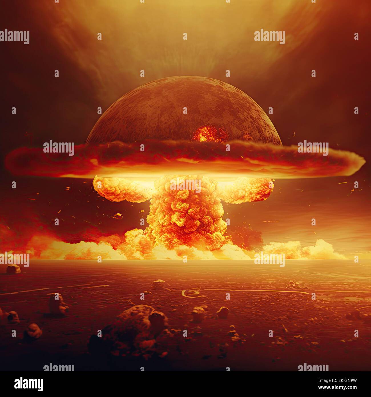 a mushroom cloud created by a nuclear fire in a nuclear explosion on a war-torn skyline by aerial view. 3D illustration. Stock Photo