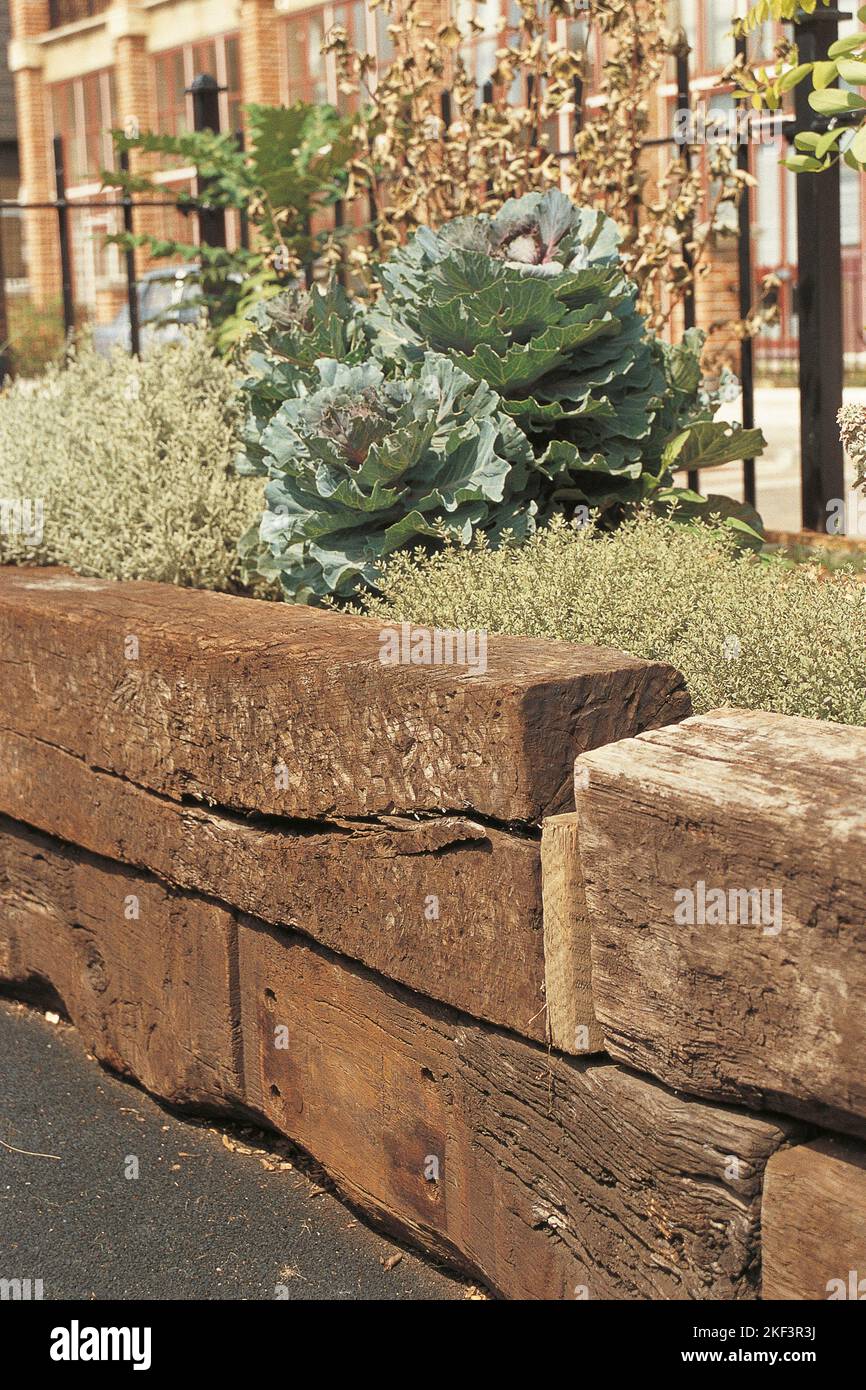 A garden border wall made from old wooden beams Stock Photo