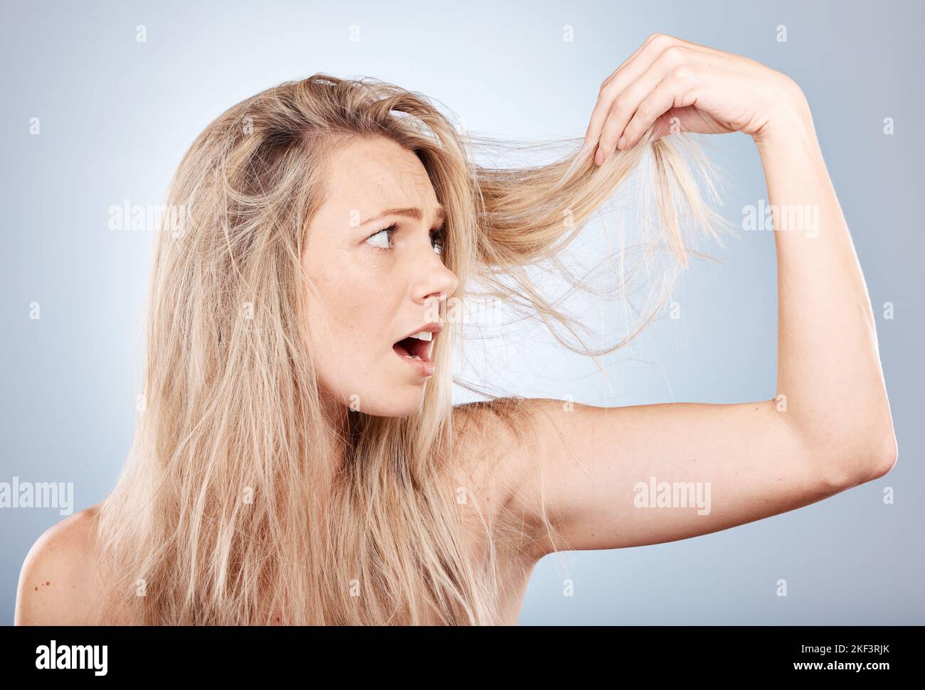 Woman, shocked and hair care health or cosmetics wellness for hair loss in studio. Young blonde model, dry and messy hairsyle or girl upset for split Stock Photo