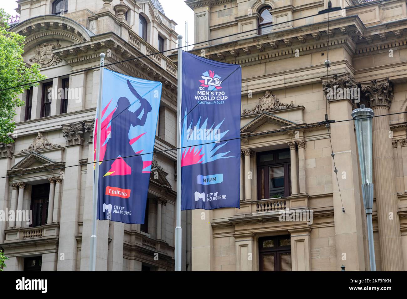 Melbourne 2022 hosts the T20 mens cricket World Cup final at the MCG, banners promote the event outside melbourne town hall,Victoria,Australia Stock Photo