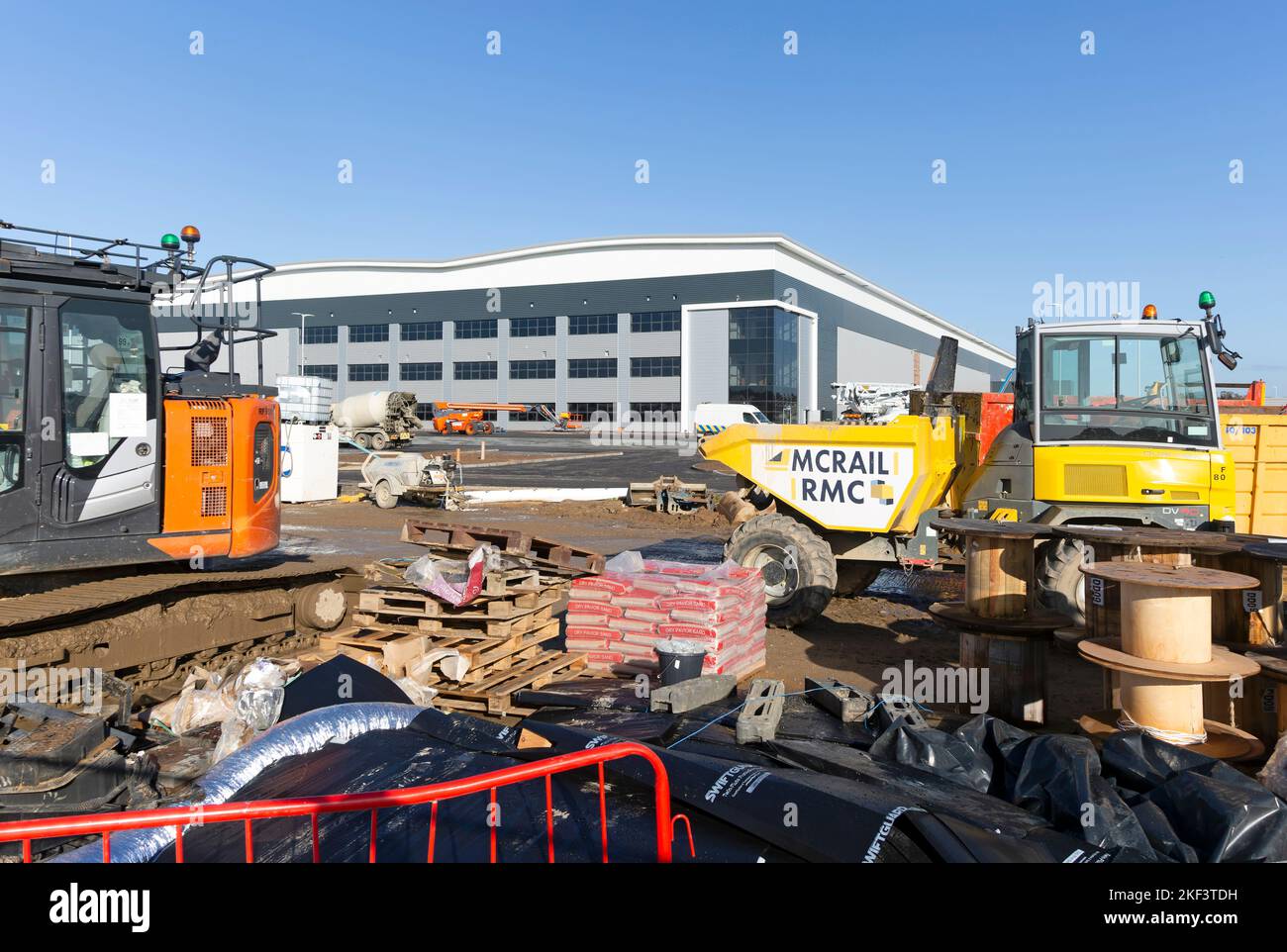 Construction site large warehouse building, Orwell Logistics Park, Nacton Heath, Ipswich, Suffolk, England, UK Stock Photo