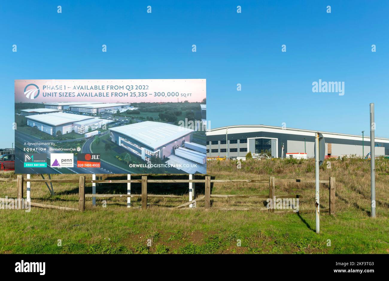 Estate agent billboard advertising sign commercial property development, Orwell Logistics park  Ipswich, Suffolk, England, UK Stock Photo