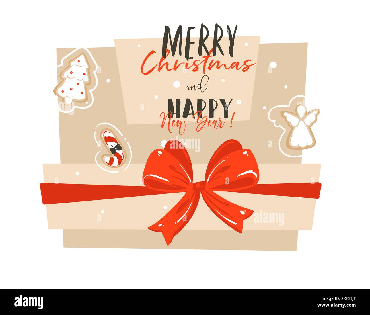 Hand drawn vector abstract Merry Christmas and Happy New Year time cartoon illustration greeting card with big surprise gift box,red bow and modern Stock Vector