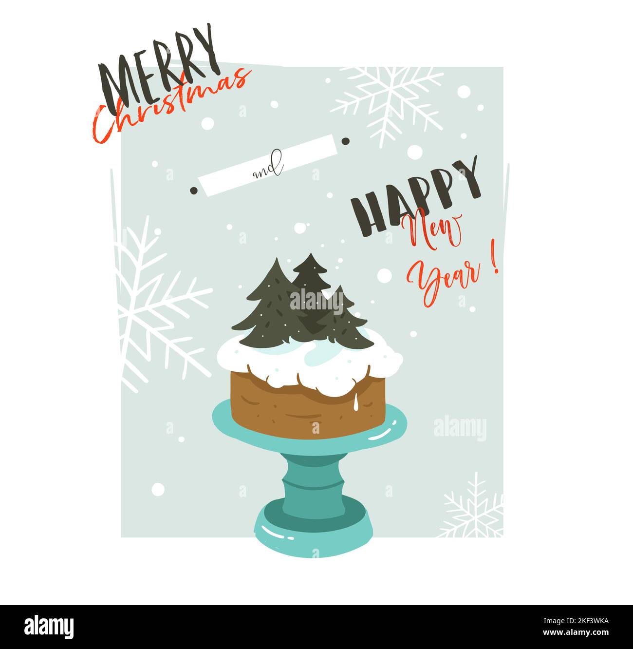 Hand drawn vector abstract Merry Christmas and Happy New Year time retro cartoon illustrations greeting card with cake stand design and modern Stock Vector