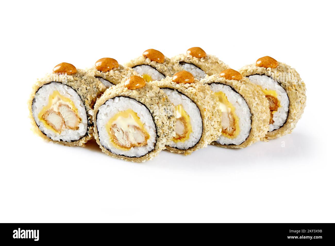 Warm sushi rolls with tempura shrimp, cream cheese and Japanese