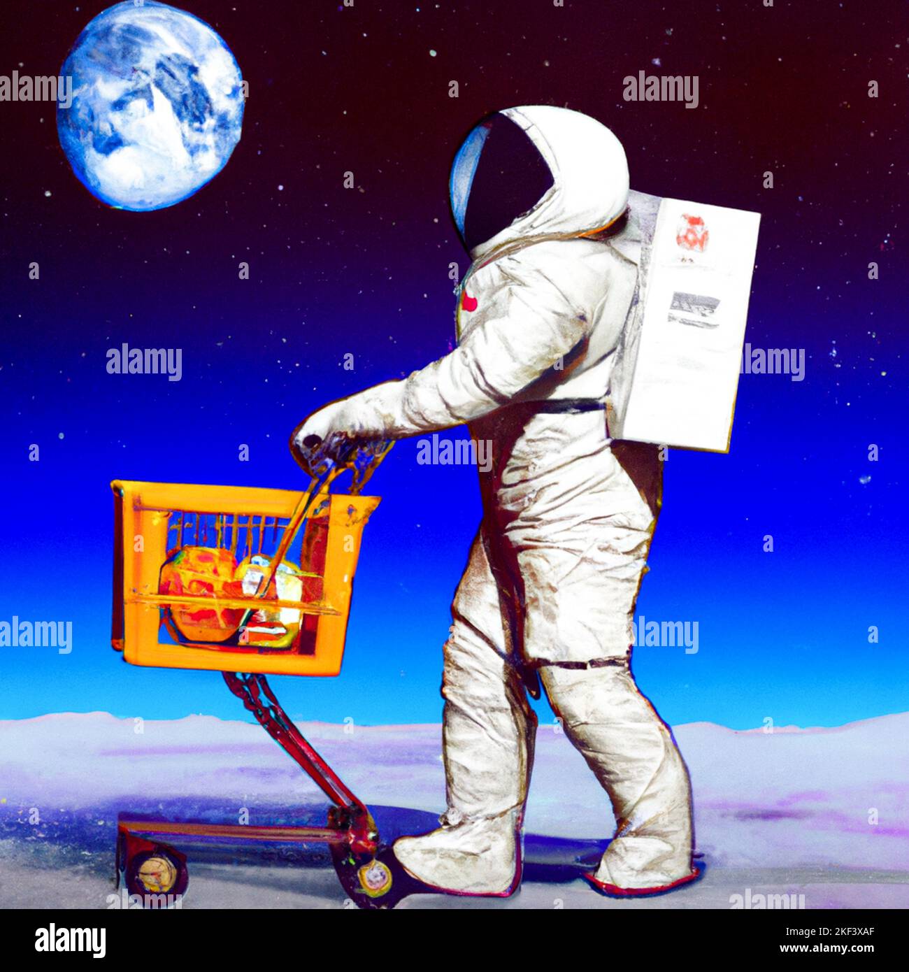 France, Paris on 2022-11-06. Digital illustration of an astronaut with a shopping cart on the moon to evoke the theme of rising prices and inflation b Stock Photo