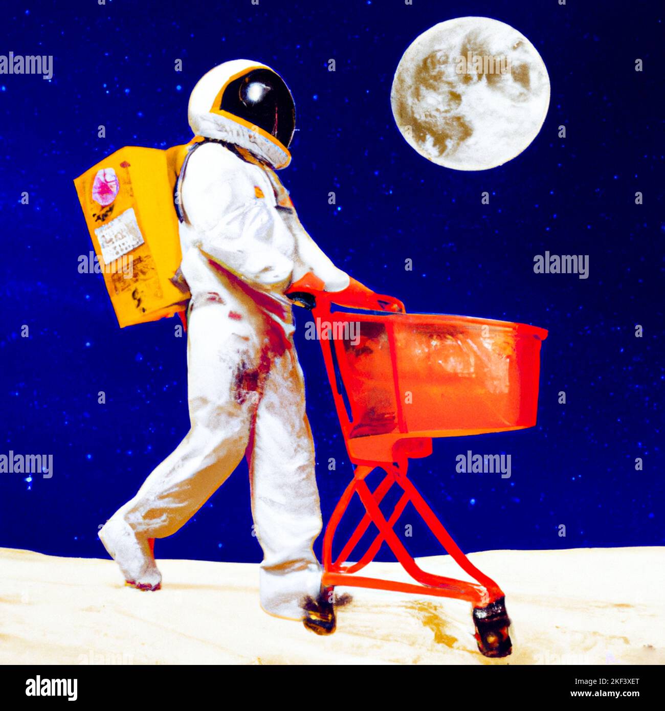 France, Paris on 2022-11-06. Digital illustration of an astronaut with a shopping cart on the moon to evoke the theme of rising prices and inflation b Stock Photo