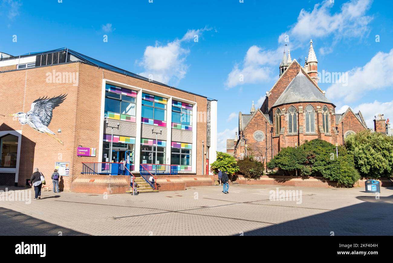 Lowestoft library and Our Lady Star of the sea Roman Catholic church Lowestoft 2022 Stock Photo