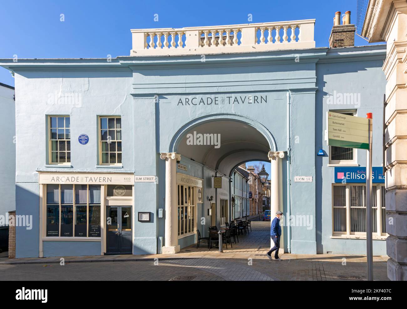 Archway into Arcade Street, sign for Arcade Tavern pub, Ipswich, Suffolk, England, UK Stock Photo