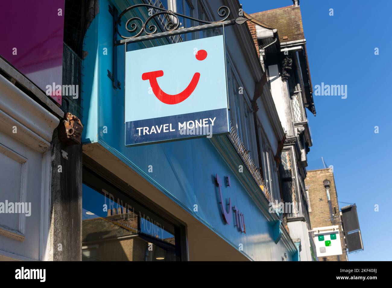 TUI travel money currency exchange sign outside High Street shop