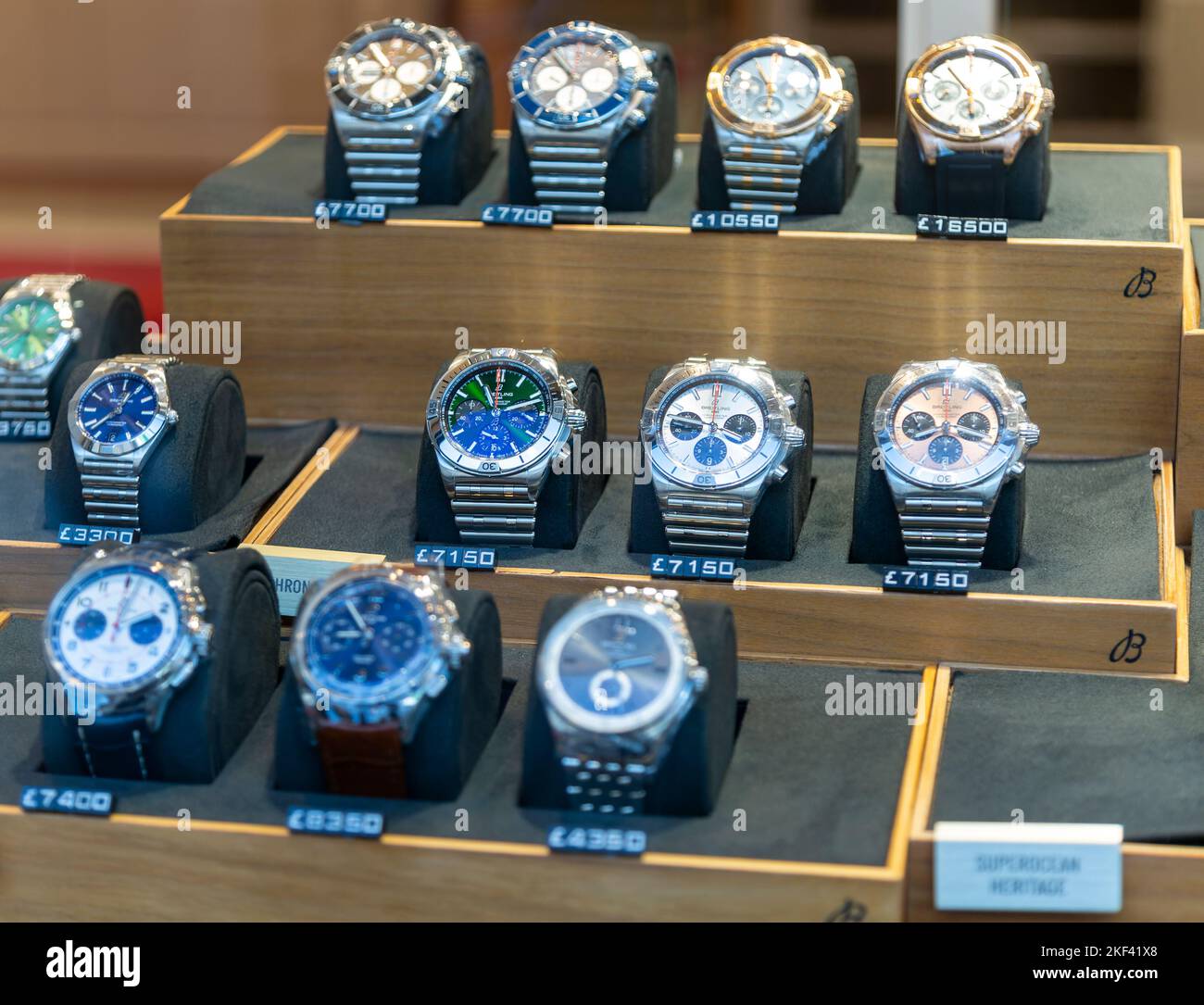Breitling watches shop window display, Robert Gatward jewellers, Ipswich, Suffolk, England, UK Stock Photo