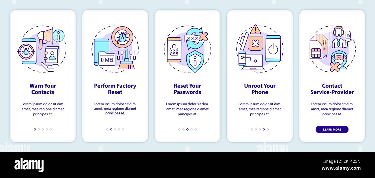 Fix hacked smartphone tips onboarding mobile app screen Stock Vector