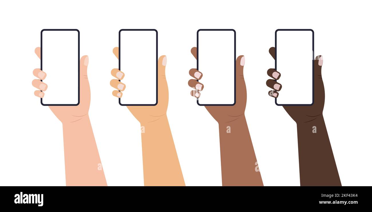 Hand holds mobile phone flat style vector illustration set Stock Vector ...