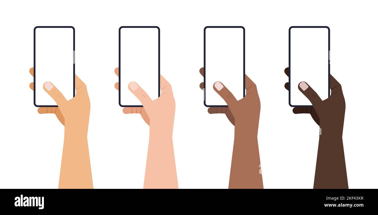Hand holds mobile phone flat style vector illustration set Stock Vector ...