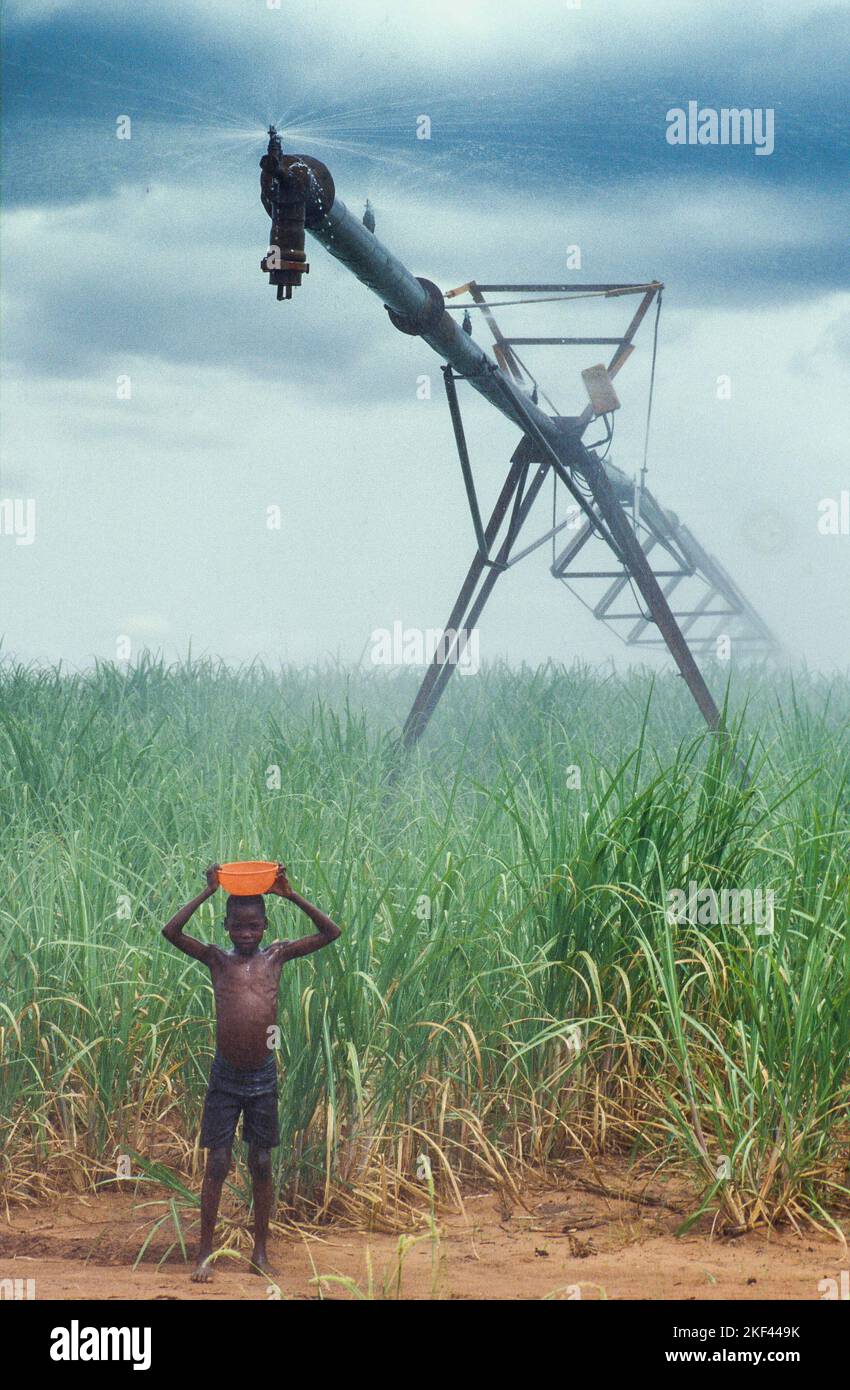 Burkina Faso, boy is catching water from an irrigation system above a