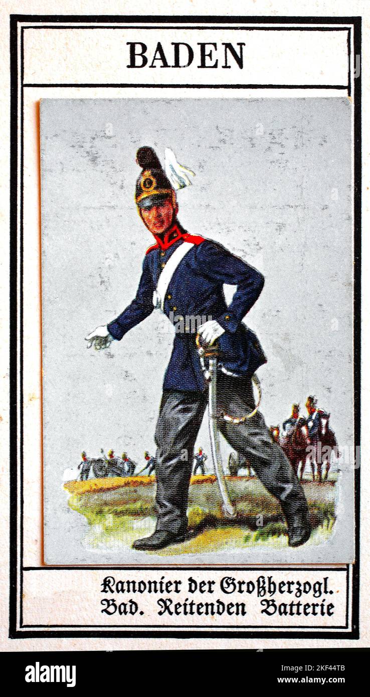 German uniforms of the 19th century, artillery: Baden, gunner of the grand  ducal Baden riding battery, Historical, digitally restored reproduction of  a public domain collector's picture from the early 20th century /