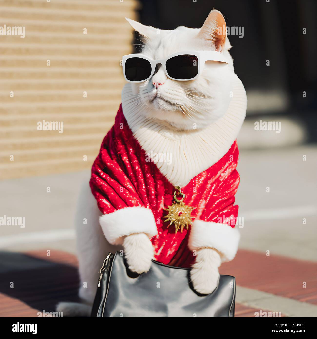 White fancy cat wearing Santa Claus clothes and sunglasses posing on