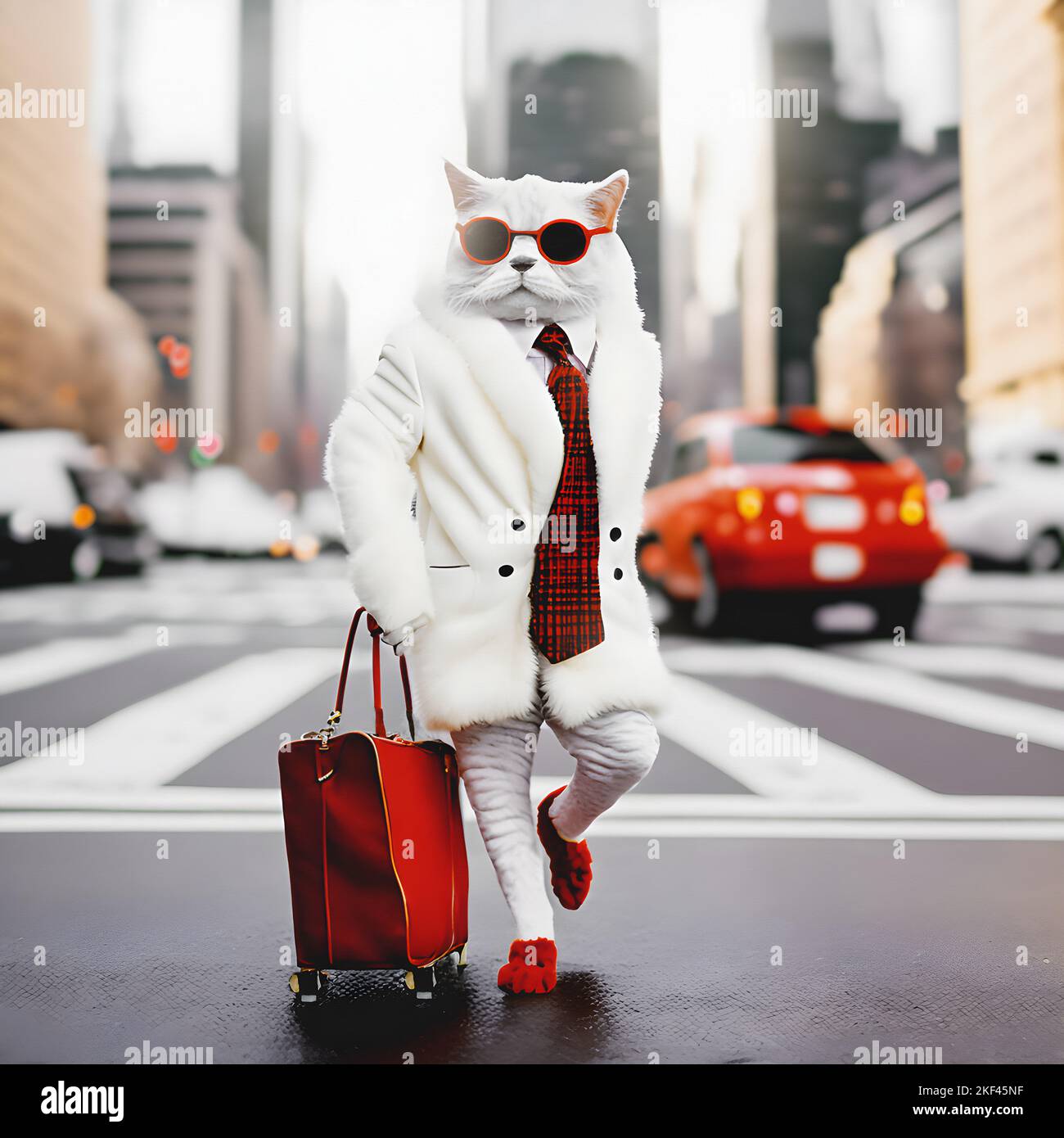 White fancy cat poses in a winter white sheep's wool coat