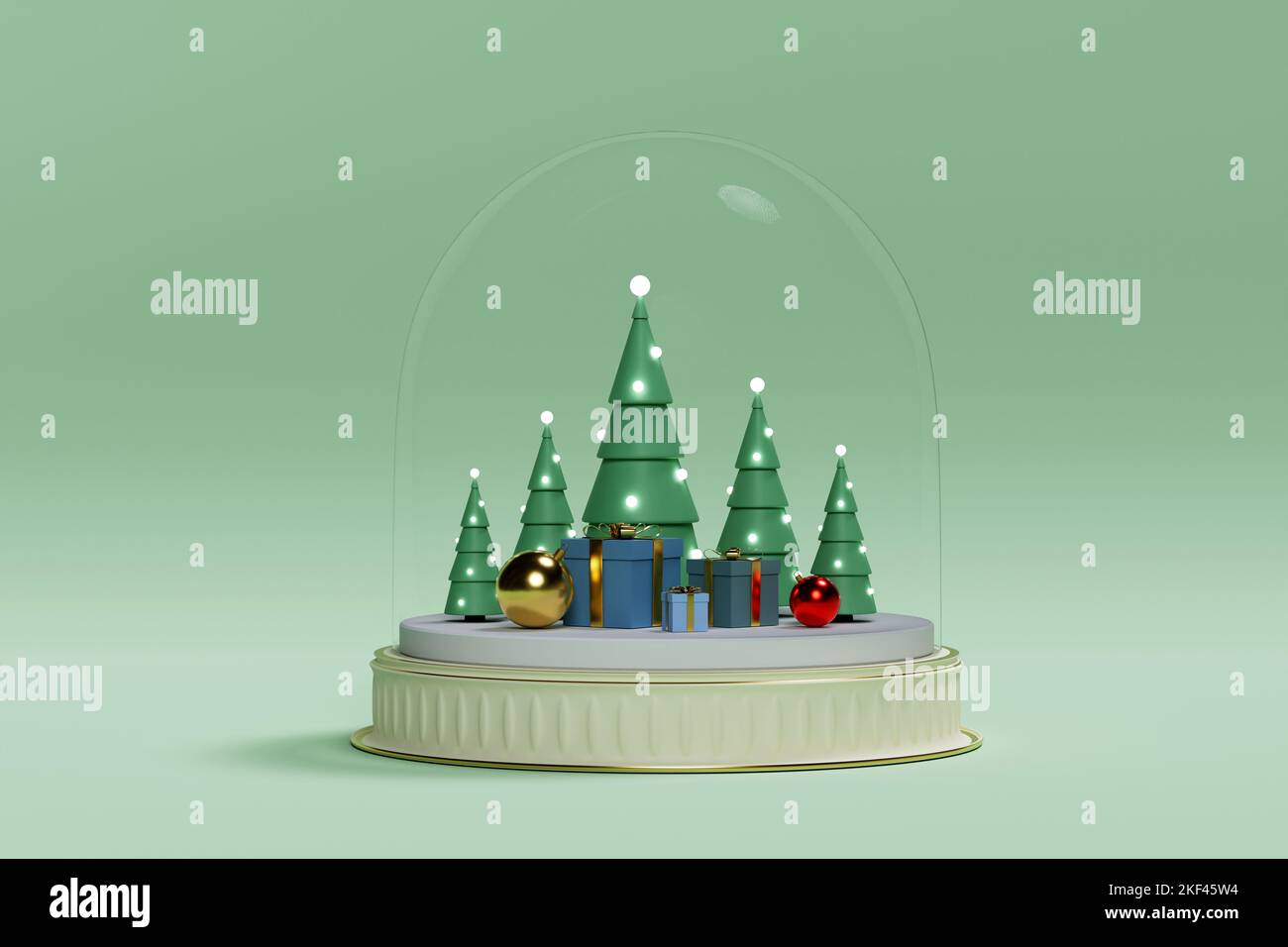 Christmas trees, baubles and gift boxes inside snow dome. 3d ...