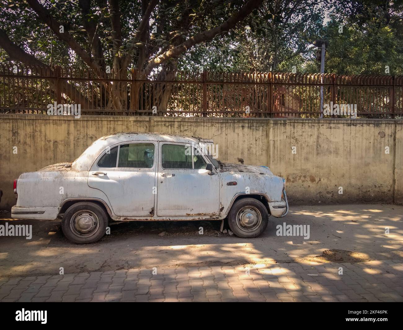 New Delhi, India - A beige vintage White Ambassador car is parked on a street Stock Photo