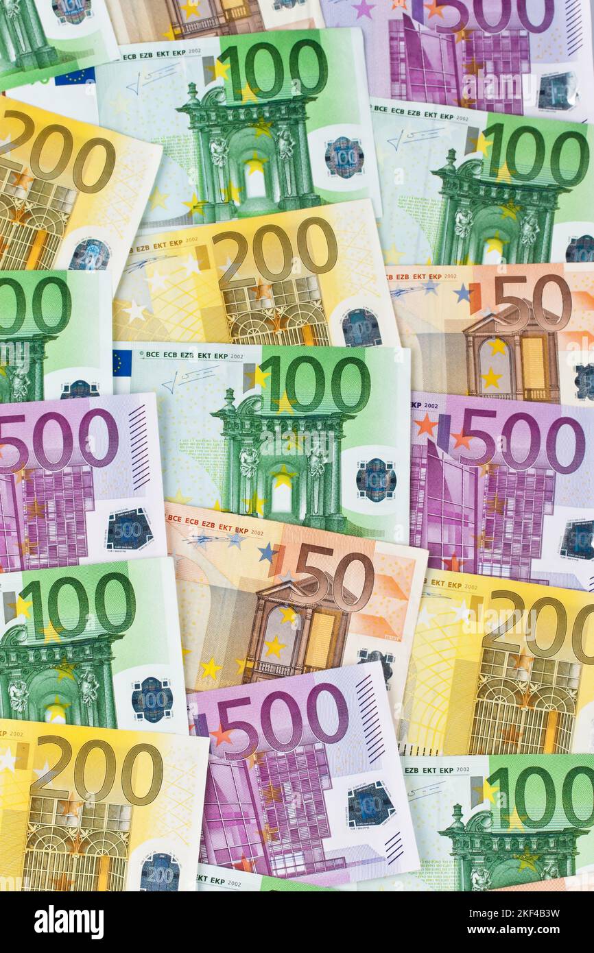 Verschiedene Euro-Banknoten, Euro, Euros, geldscheine, Euroscheine, 50, 100, 200, 500, 50er, 100er, 200er, 500er, Eurobanknoten, Geldscheine, Stock Photo