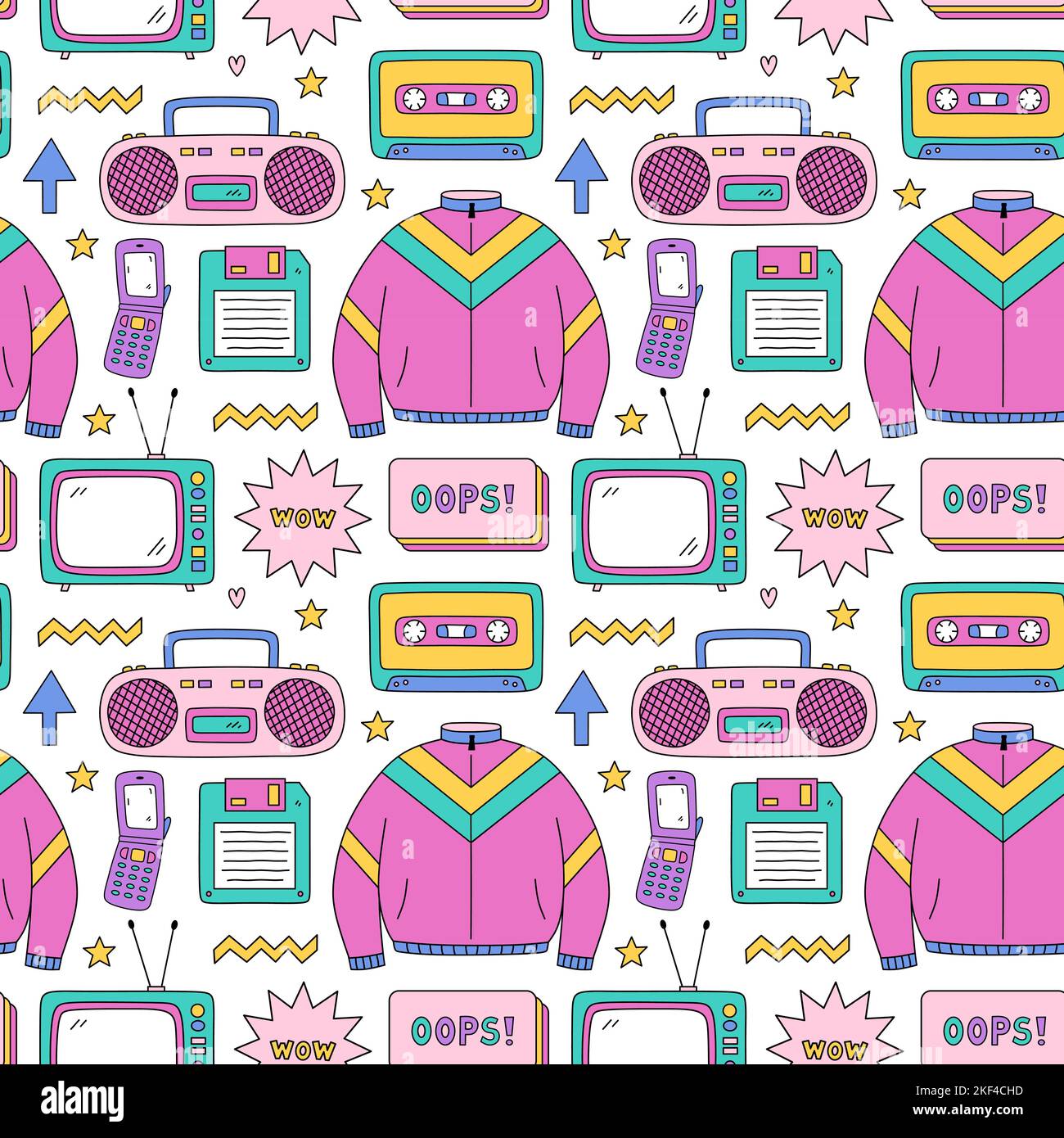 Bright seamless pattern with items from the nineties - retro cassette tape and music boombox, sports jacket, flip phone, floppy disk, tv and stars on white background. Nostalgia for the 1990s. Stock Vector