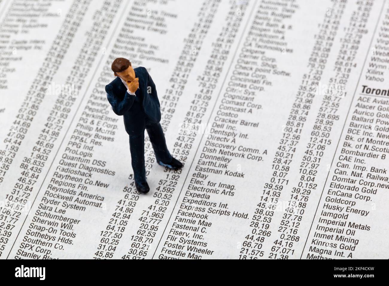 Eine männliche Figur und die Kurse von Aktien in einer Zeitung. Geld verdienen an der Börse. Gewinne und Verluste im Aktienhandel. Stock Photo
