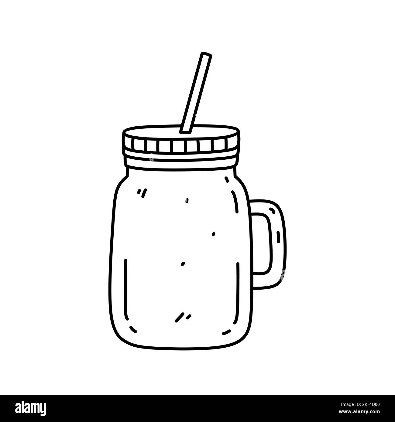 Glass mason jar with handle and drinking straw isolated on white background. Vector hand-drawn illustration in doodle style. Perfect for decorations, logo, various designs. Stock Vector