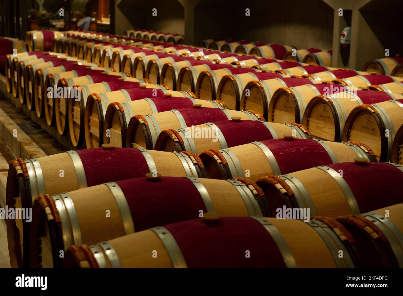 Französische Barrique Fässer aus Eichenholz im Reifekeller der Robert Mondavi Winery, Napa Valley, Kalifornien, USA, Nordamerika Stock Photo