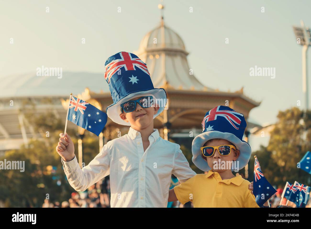 Two Australian kids celebrating Australia Day in Adelaide city Stock Photo