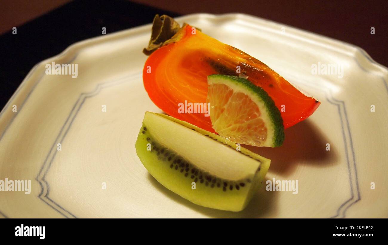 Traditional restaurant in Kyoto. Fruit presentation. Stock Photo