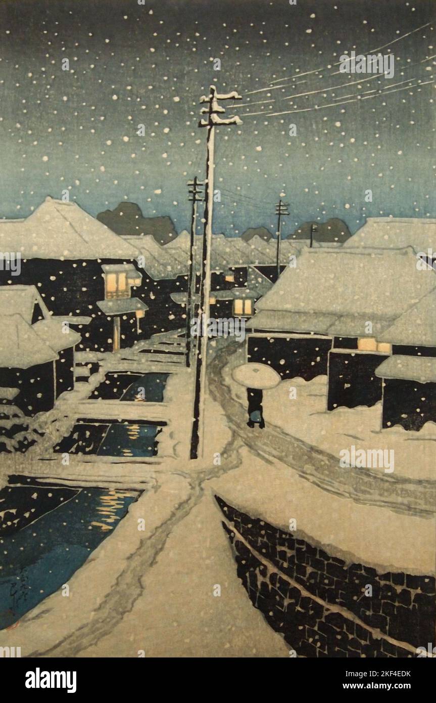 Ukiyo-e. Evening Snow at Terajima by Kawase Hasui (Japan,1920) Stock Photo