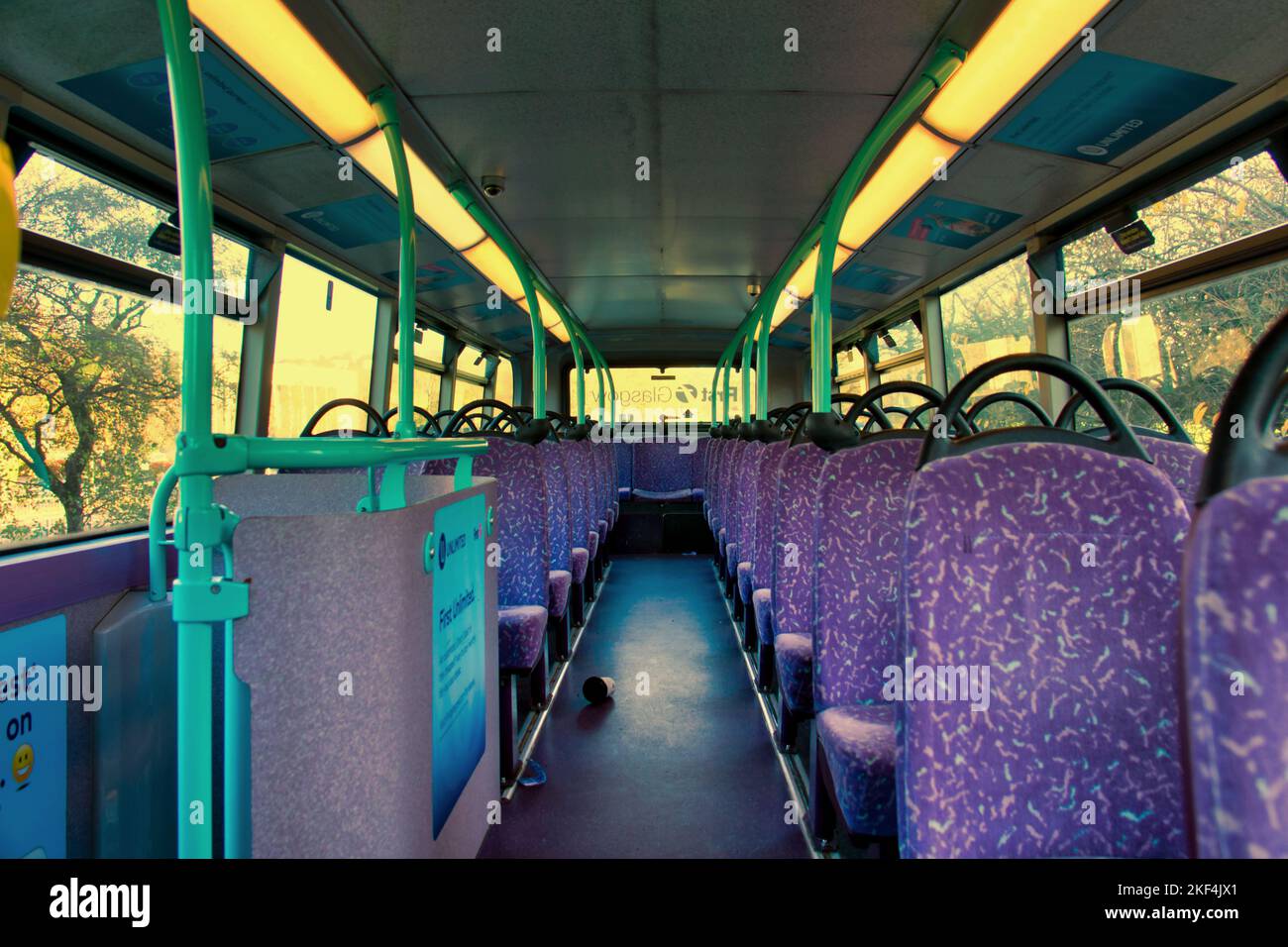 empty first bus top deck interior Stock Photo