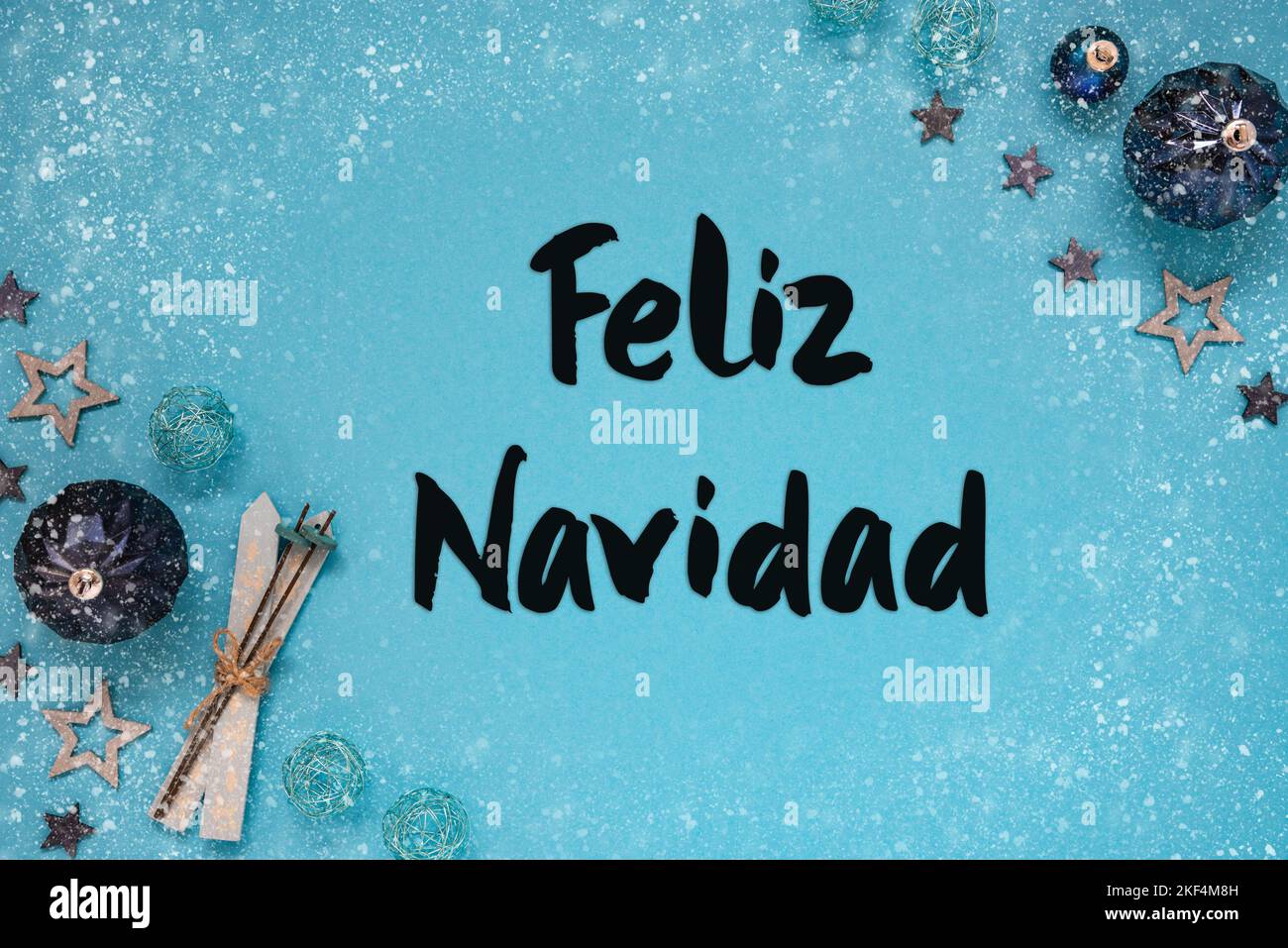 Turquoise Background, Spanish Feliz Navidad Means Merry Christmas, Snowflakes Stock Photo