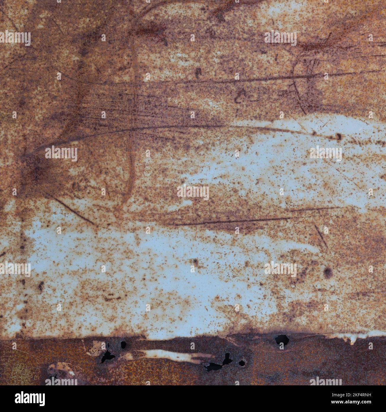 Old light blue painted grey rusty rustic rust iron metal frame background texture, horizontal aged damaged weathered scratched framed plain paint Stock Photo