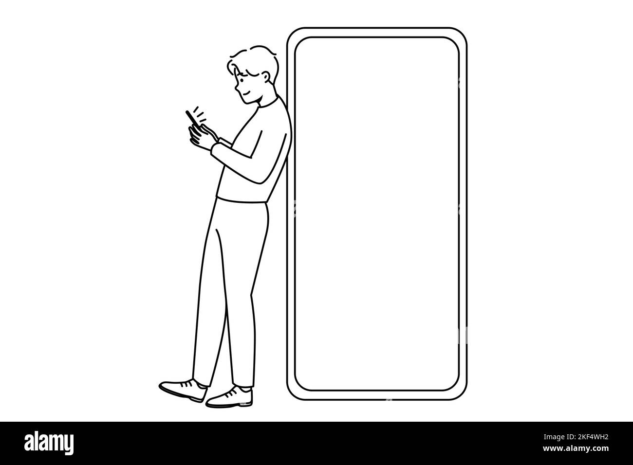 Young man standing near huge smartphone with mockup screen. Guy pose near cellphone with empty