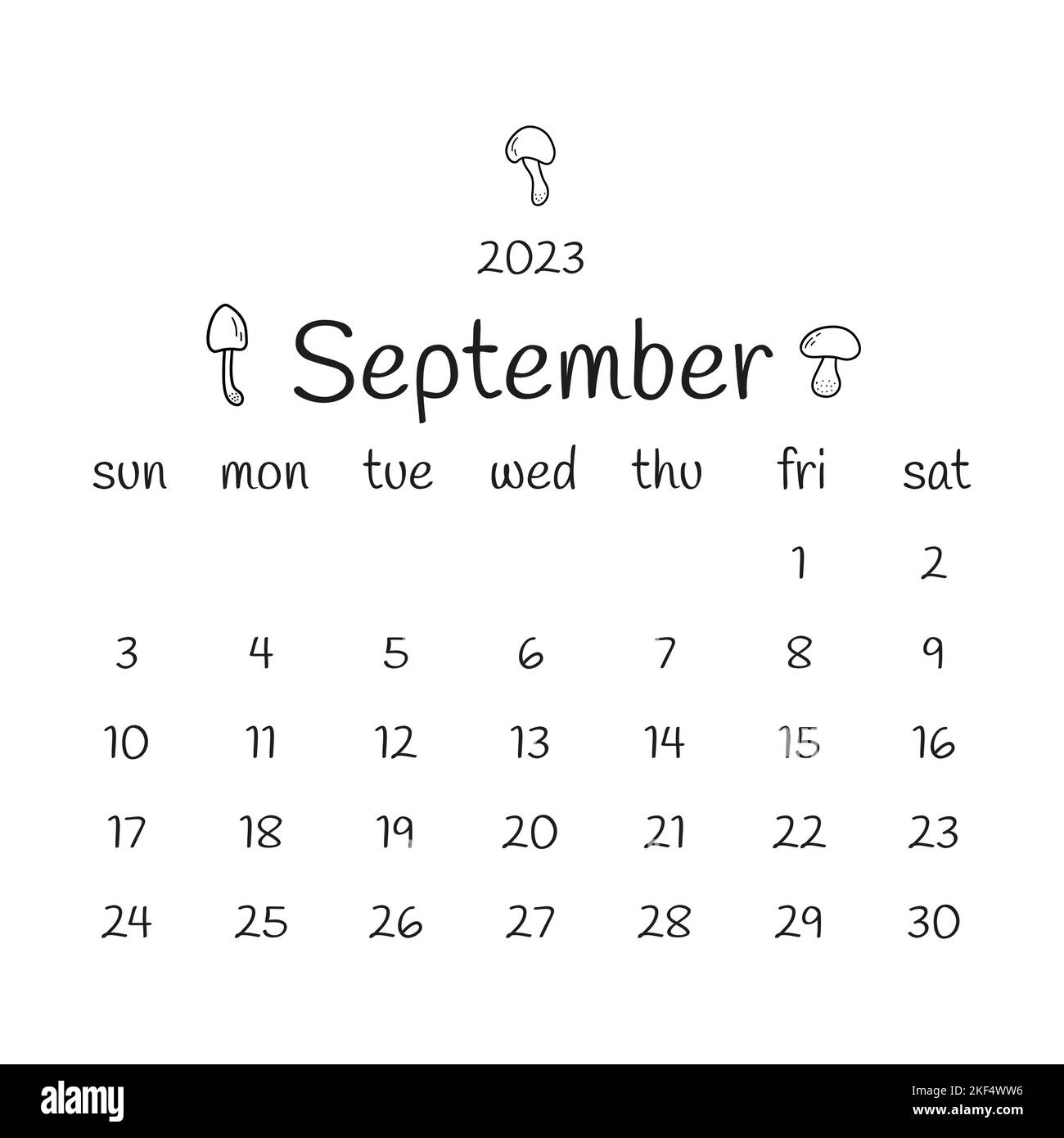 2023 september calendar seasonal mushrooms. Black and white modern
