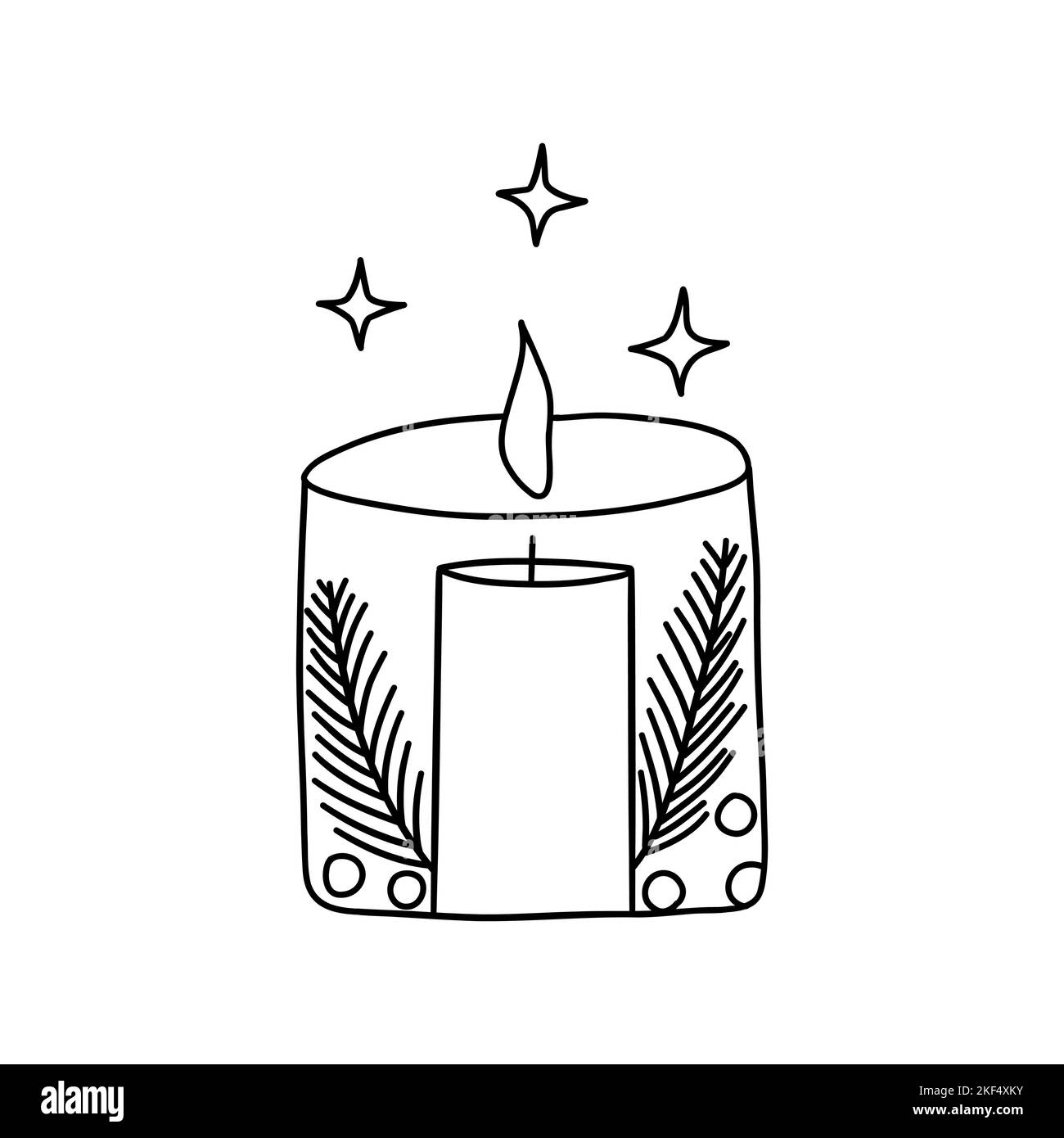 Christmas festive burning candle in candlestick with spruce branches