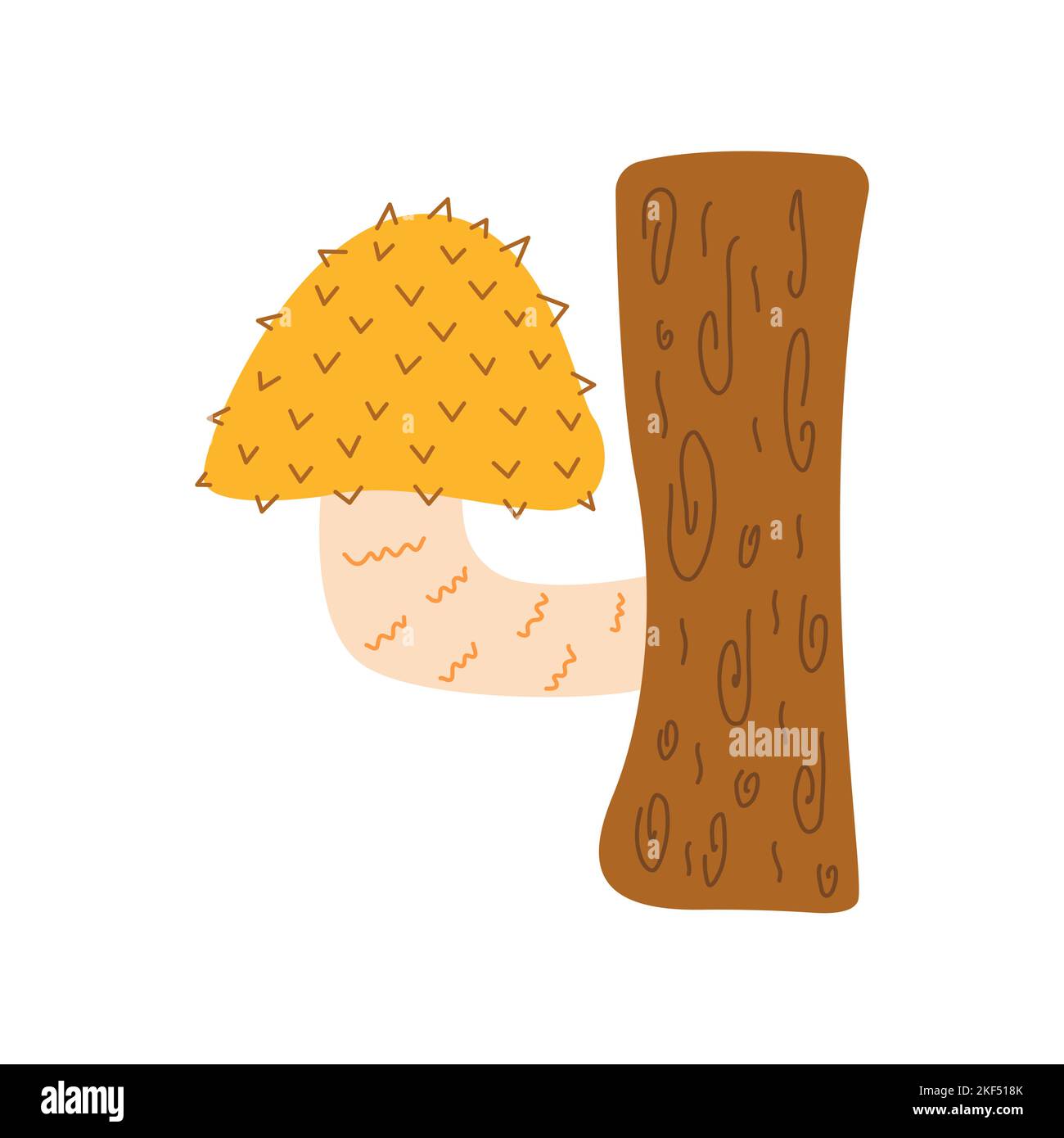 Rough mushroom grows on a tree trunk. Vector colorful isolated illustration hand drawn doodle. Simple card or print. Autumn season clip art Stock Vector